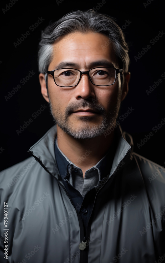 Portrait of a middle-aged Asian male person with gray hair, and gray beard, with glasses, in a gray jacket, against a black background. The dynamic lighting and dark background emphasize the portrait.