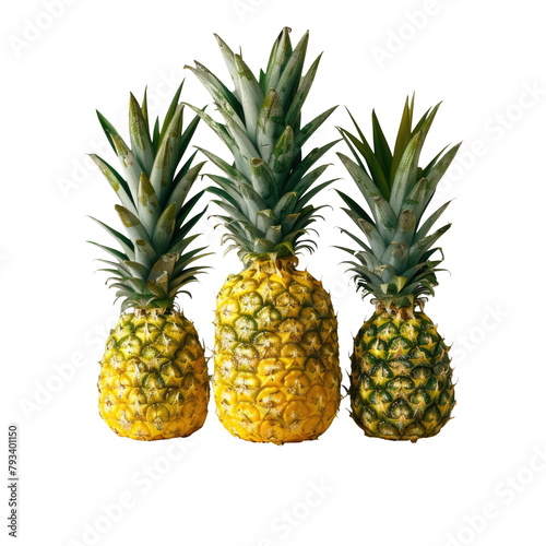 A pineapple expertly sliced into three pieces each standing upright to showcase its unique crown rests on a white surface amidst a dark green backdrop all set against a transparent background