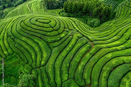 Aerial drone view of shapes of Cha Gorreana tea plantation at Sao Miguel, Azores, Portugal - generative ai