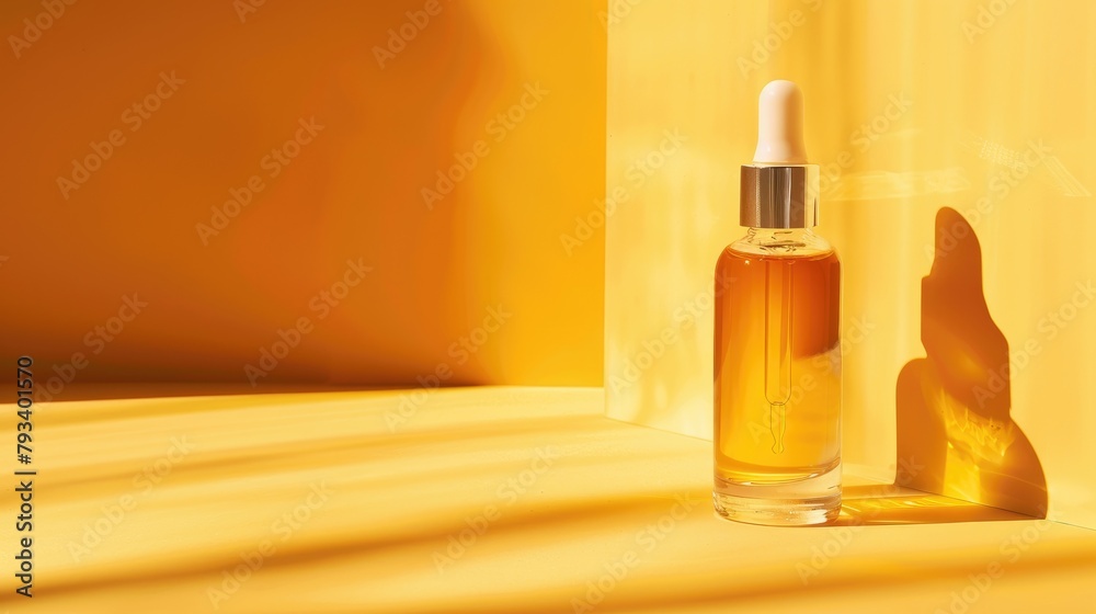 Cosmetic serum in glass bottle on yellow backdrop Vitamin C Serum Cosmetic serum in glass bottle on yellow backdrop Vitamin C Serum