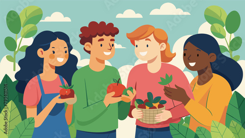 A group of friends gather in a backyard snacking on freshly picked snap peas ripe strawberries and fragrant basil leaves all grown by their