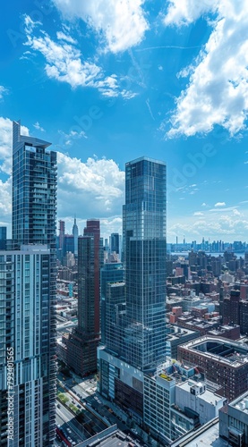 view of an urban city skyline with tall cityscape high rise skyscraper residential and commercial buildings