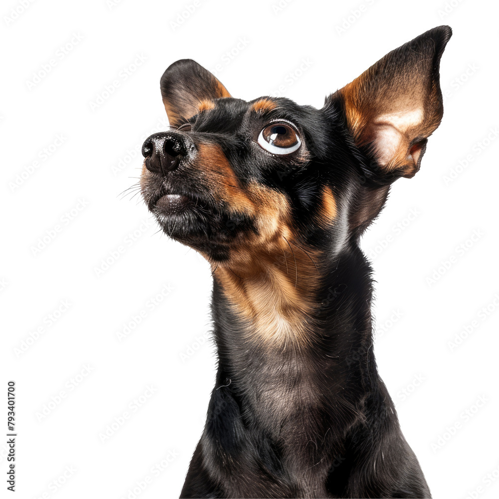 A comical and inquisitive toy terrier dog gazes upward in a picture set against a clear transparent background on transparent background A comical and inquisitive toy terrier dog gazes upward in a picture set against a clear transparent background on transparent background