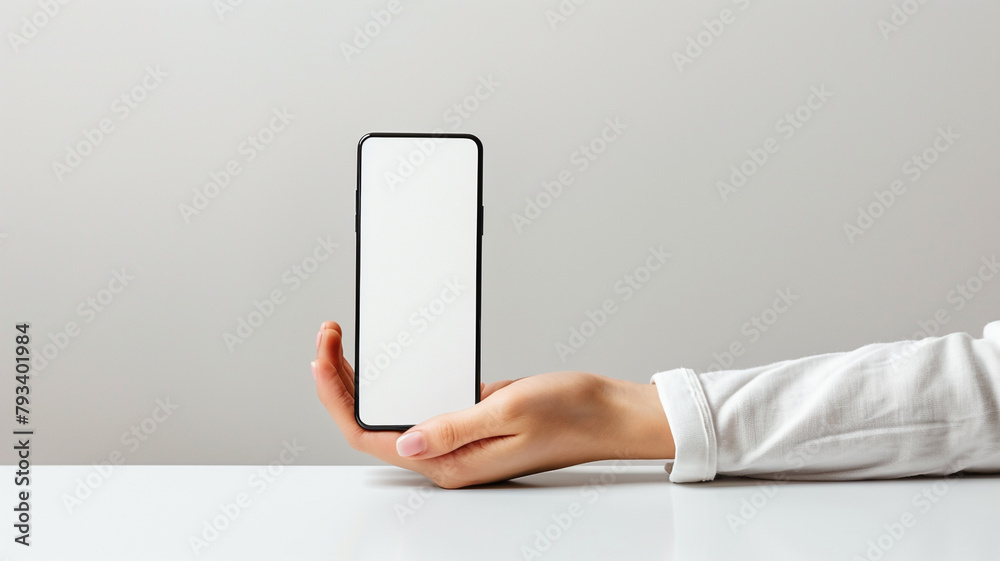 front view of hand holding a smartphone screen on white background  - obrazy, fototapety, plakaty 