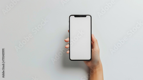 front view of hand holding a smartphone screen on white background  photo