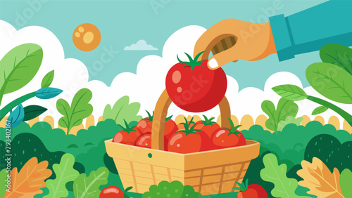 A small hand plucking a ripe red tomato from a plentiful vegetable patch with a basket overflowing with fresh produce in the background.