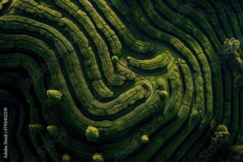 Aerial drone view of shapes of Cha Gorreana tea plantation at Sao Miguel, Azores, Portugal - generative ai photo