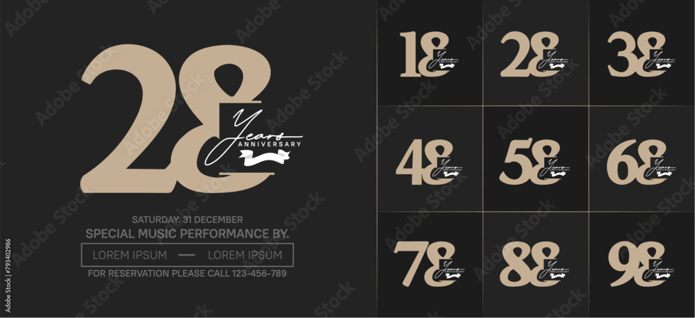 Set of Anniversary Logotype with white ribbon, brown color can be use for special day celebration