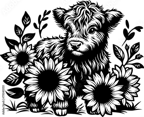 Highland baby cow with sunflowers svg, highland cow svg, Floral Highland Cow SVG, floral cow vector, highland cow vector