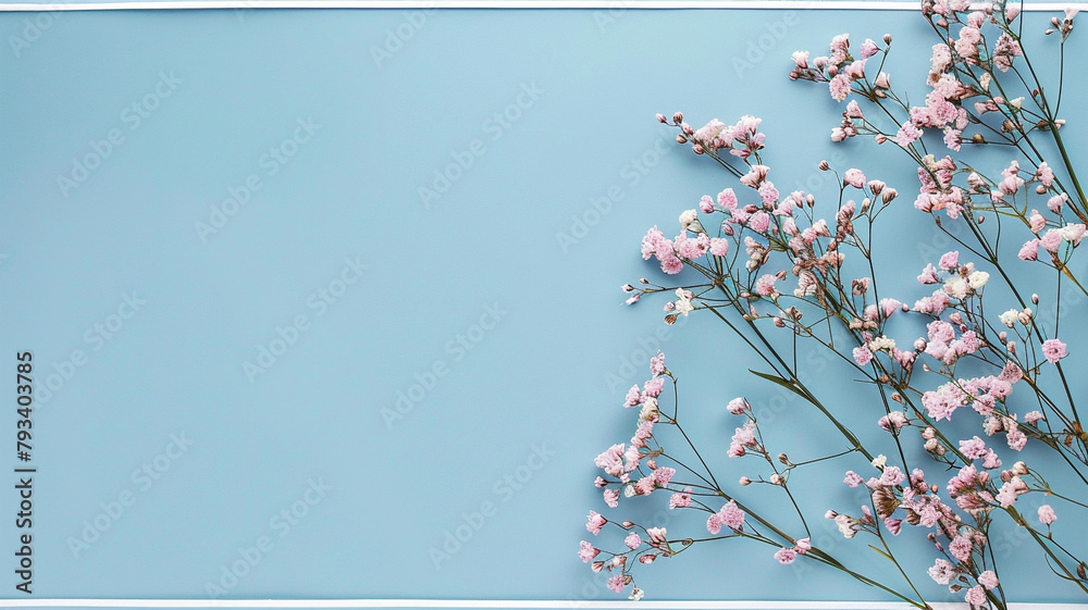 light blue background with flowers - obrazy, fototapety, plakaty 