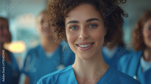 Close-up: The smiling face of a female doctor in a hospital wearing a blue uniform. Behind her is a fellow doctor. The background is blurred.Generative AI illustration. photo