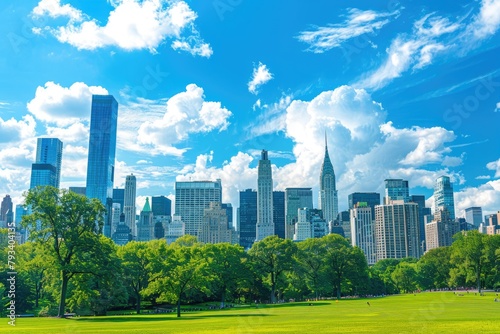 view of tall city sky scrapper buildings skyline with trees planted in surroundings