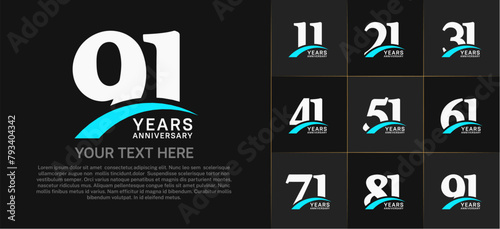 Set of Anniversary Logotype with blue swoosh, white color can be use for special day celebration