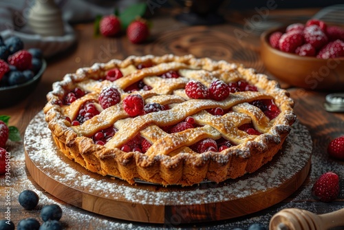 artisan berry lattice pie sprinkled with powdered sugar on wooden background