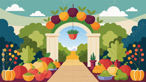 A grand display of different types of vegetables and fruits all grown in the familys garden beautifully arranged at the entrance of the Harvest