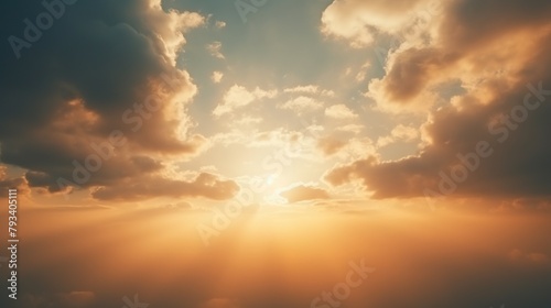 Dramatic sky as the sun sets, casting radiant beams of light through the clouds, Easter background