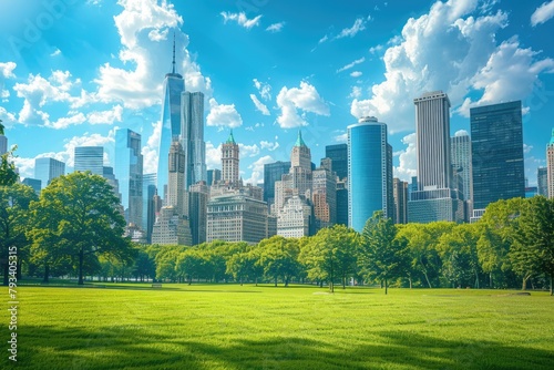 view of tall city sky scrapper buildings skyline with trees planted in surroundings