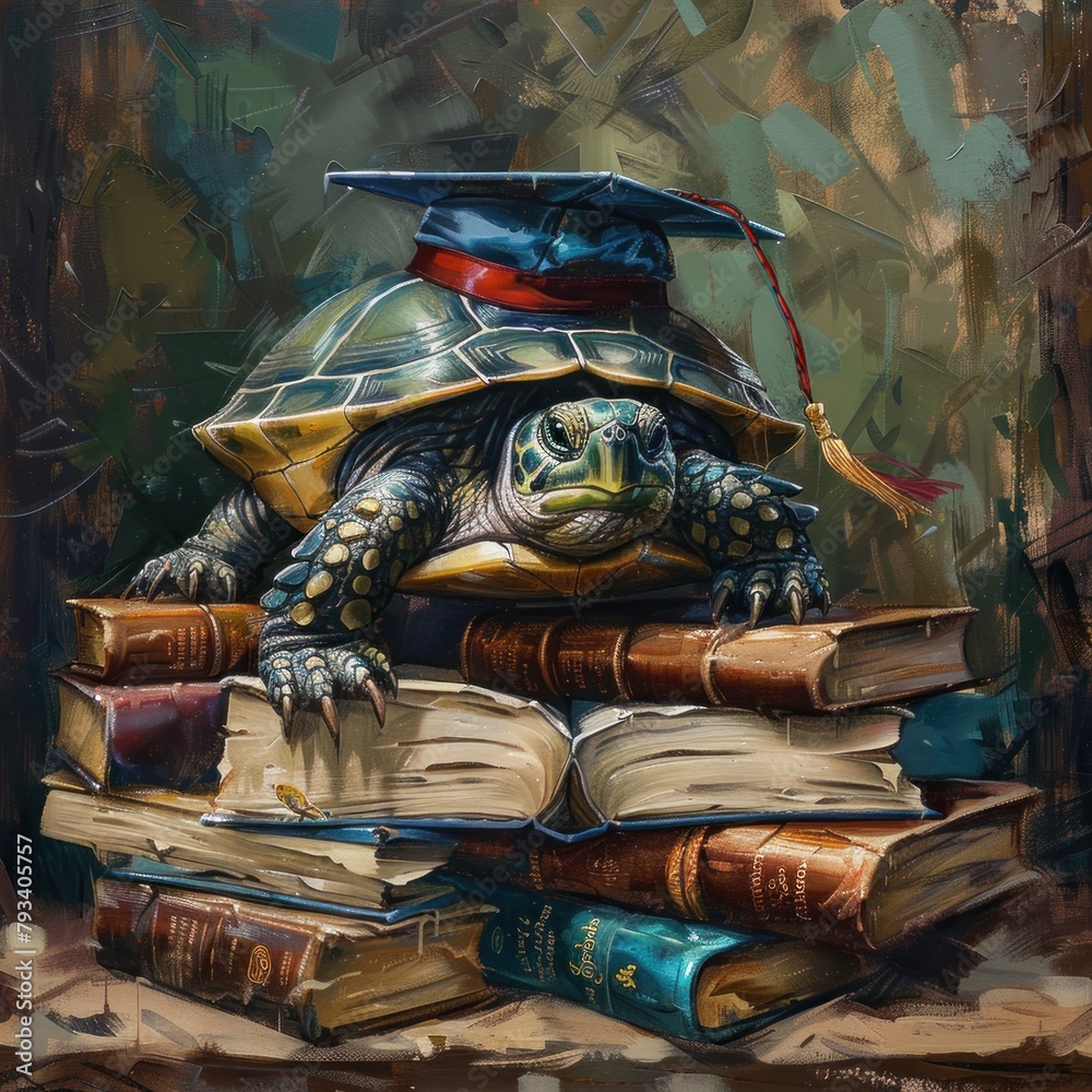 Fototapeta premium Highlight the determination of a turtle in learning, depicted by it reading on a stack of books.