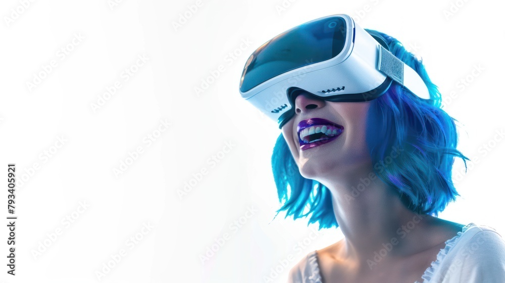 Business woman with VR, confident smiling woman wearing VR headset device touching ,virtual reality white background, future technology concept Business woman with VR, confident smiling woman wearing VR headset device touching ,virtual reality white background, future technology concept