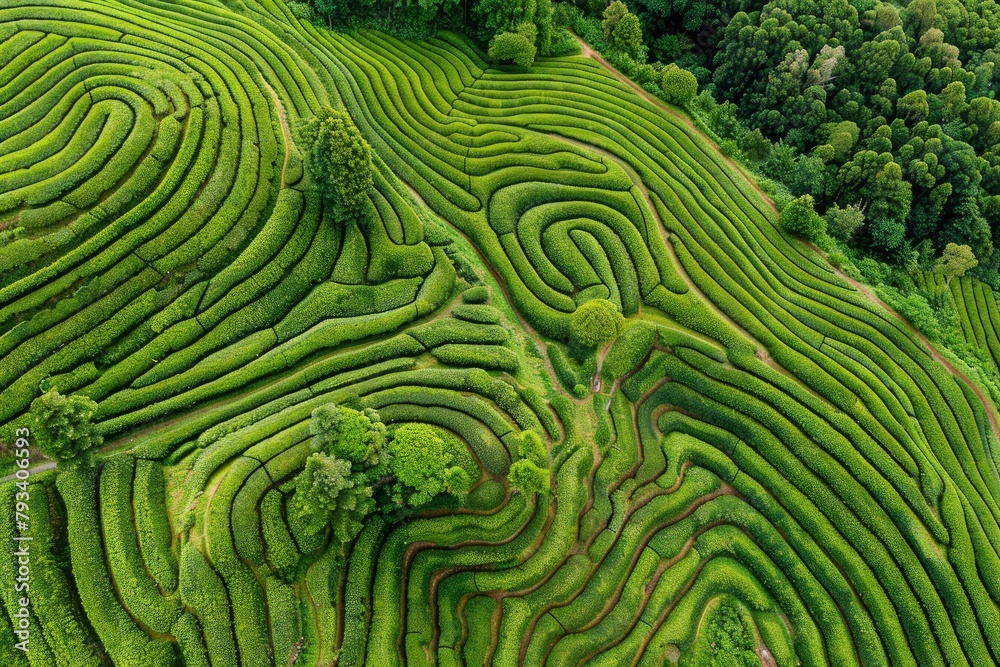 Aerial drone view of shapes of Cha Gorreana tea plantation at Sao Miguel, Azores, Portugal - generative ai Aerial drone view of shapes of Cha Gorreana tea plantation at Sao Miguel, Azores, Portugal - generative ai