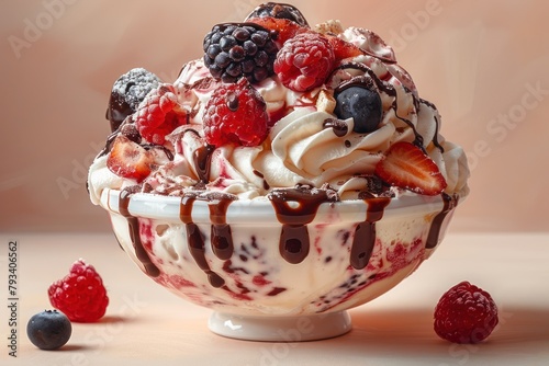 decadent berry and chocolate ice cream sundae in a classic white bowl