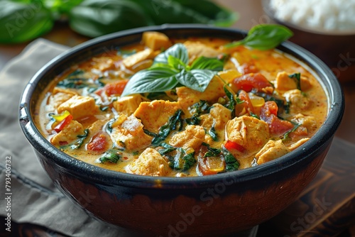 savory thai coconut curry with chicken and fresh vegetables in a black bowl
