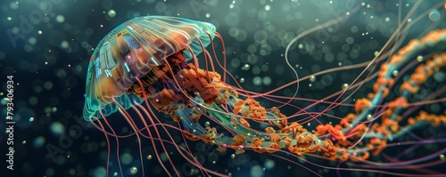 Digital artwork of a futuristic jellyfish with cybernetic enhancements photo