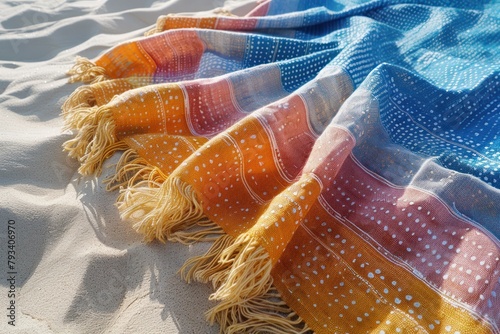 summer beach fabric with bright patterns laid out on white sand