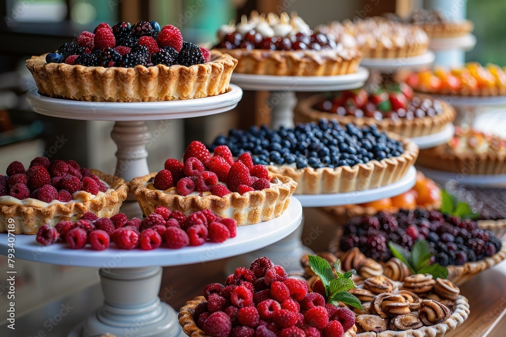 variety of berry tarts on a dessert table at a luxurious catering event - obrazy, fototapety, plakaty 