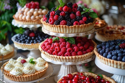 set of delicious dessert display featuring berry tarts and whipped cream garnishes