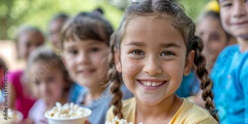 Joyful diverse group of children enjoying popcorn at sunny outdoor party  vibrant summer colors  cheerful expressions  community vibe  festive mood.