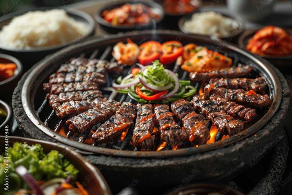 smoky grilled meats on a korean bbq grill with side dishes and vibrant vegetables