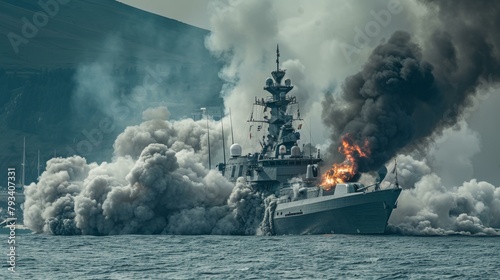 Intense naval exercise in stormy seas: warship engulfed in smoke and flames, showcasing military might and strategic maneuvers, no people visible. photo