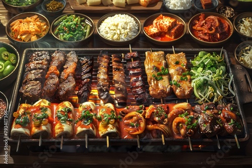 authentic korean barbecue feast with marinated meats and traditional side dishes photo