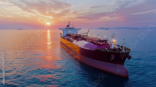 Majestic sunset over expansive ocean with large cargo ship navigating peaceful waters, vibrant sky hues reflect nautical journey, tranquil maritime scene. Copy space.