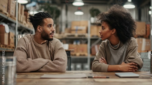 Charming warehouse co-workers engaging in casual yet thoughtful conversation during work break, dressed in autumnal tones, surrounded by boxes and industrial shelves.