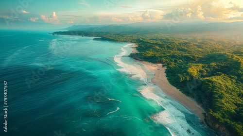 Beautiful coastal landscape, vibrant turquoise sea along sandy beaches, lush green tropical forest under golden sunset, perfect for summer vacation mood. Copy space.