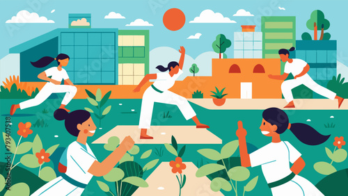 Students practicing martial arts on a rooftop garden surrounded by native plants and using natural ventilation for cooling.