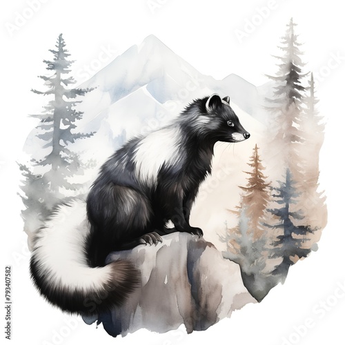 Watercolor illustration of a skunk on a rock in the mountains