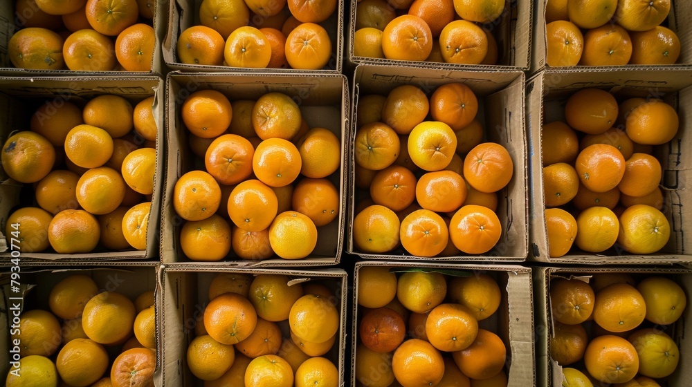 Vibrant orange citrus fruits neatly arranged in cardboard boxes, evoking freshness and healthy dietary choices in market setting. Vibrant orange citrus fruits neatly arranged in cardboard boxes, evoking freshness and healthy dietary choices in market setting.