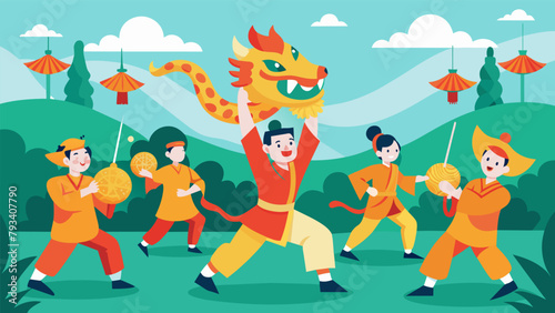 A group of martial artists performing a traditional lion dance in a peaceful park honoring the connection between martial arts and nature