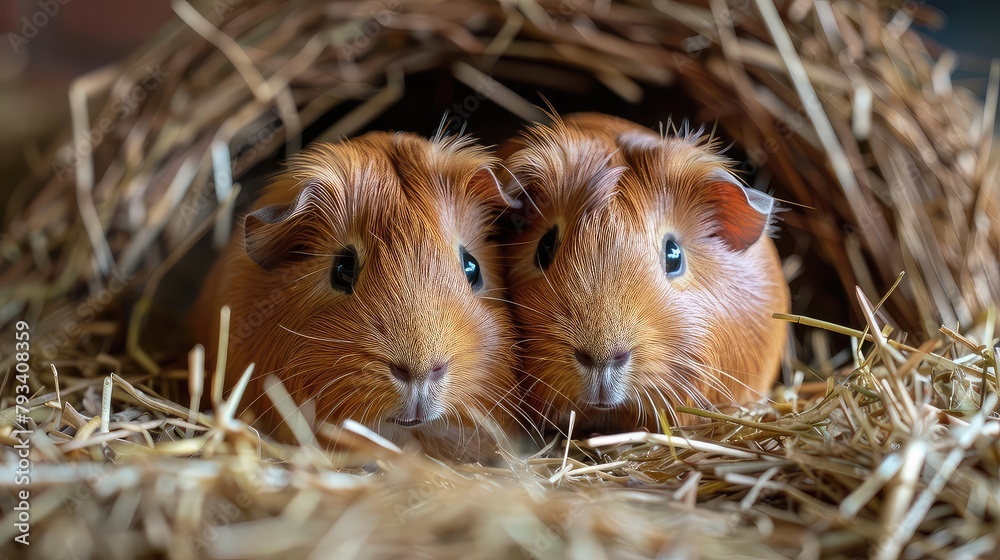 Two cute guinea pigs sitting in a pile of hay Two cute guinea pigs sitting in a pile of hay