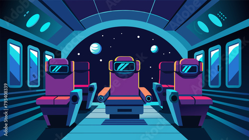 A futuristic home theater with reclining captains chairs virtual reality headsets and advanced motionsensing technology for an immersive movie.