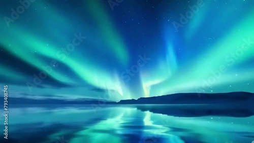 Aurora Borealis or Northern Lights, mountain scenery landscape at night. Great for Relaxing Ambient backgrounds. Polar lights, winterscape concept
 photo