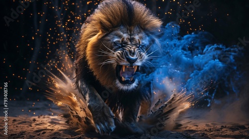 A powerful lion roars dynamically, its mane illuminated by sparks, contrasting dramatically against a deep blue, smokey background.