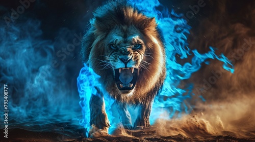 An imposing lion roars mightily, enveloped by mystical blue flames and smoke against a dark, atmospheric background.