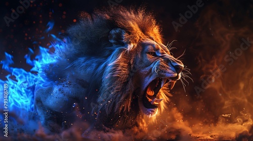A dramatic image of a roaring lion surrounded by intense blue and orange flames, emitting a powerful and fiery presence. © vachom