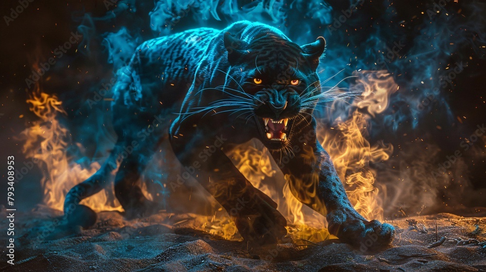 A digital artwork depicting a blue glowing panther aggressively walking through flames and smoke.
