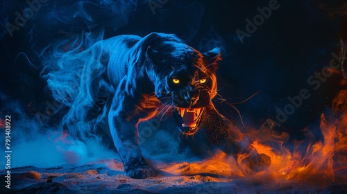 A striking digital artwork of a glowing blue and black panther, prowling through flames and smoke, illuminated with an intense, fiery glow. photo