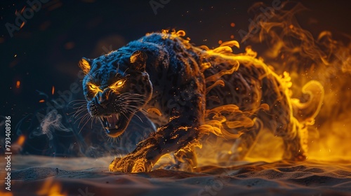 A fierce black panther enveloped in flames and smoke prowls forward aggressively on a sandy surface.